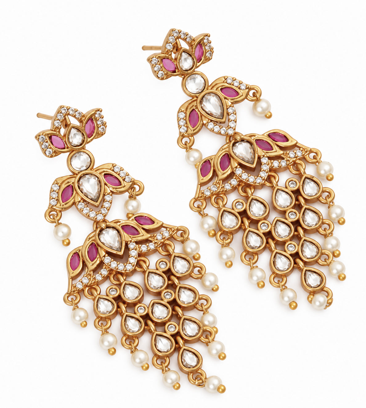 Mehendi Plated Chandbali Jhumka Earrings with Lotus Floral Pattern, Teardrop Motifs and Pearl Fringe
