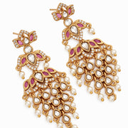 Mehendi Plated Chandbali Jhumka Earrings with Lotus Floral Pattern, Teardrop Motifs and Pearl Fringe