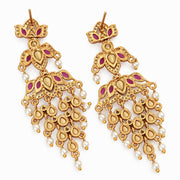 Mehendi Plated Chandbali Jhumka Earrings with Lotus Floral Pattern, Teardrop Motifs and Pearl Fringe