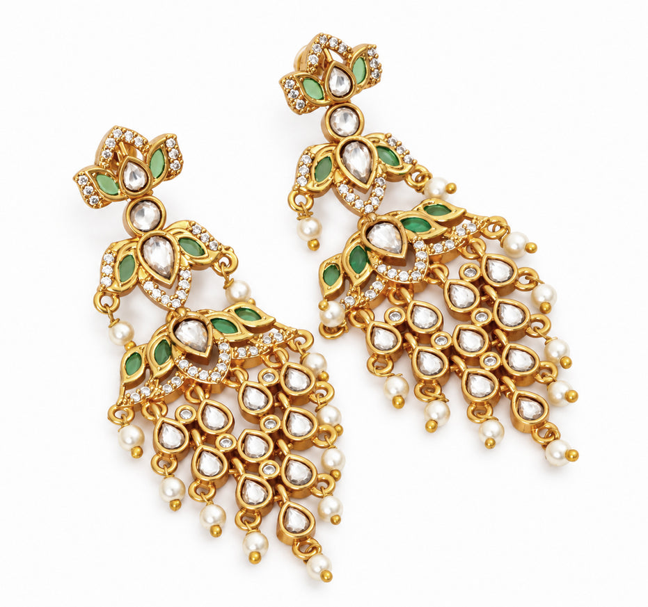 Mehendi Plated Chandbali Jhumka Earrings with Lotus Floral Pattern, Teardrop Motifs and Pearl Fringe