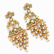 Mehendi Plated Chandbali Jhumka Earrings with Lotus Floral Pattern, Teardrop Motifs and Pearl Fringe