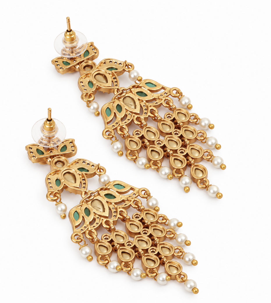 Mehendi Plated Chandbali Jhumka Earrings with Lotus Floral Pattern, Teardrop Motifs and Pearl Fringe