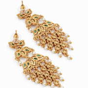 Mehendi Plated Chandbali Jhumka Earrings with Lotus Floral Pattern, Teardrop Motifs and Pearl Fringe
