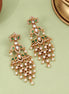 Mehendi Plated Chandbali Jhumka Earrings with Lotus Floral Pattern, Teardrop Motifs and Pearl Fringe