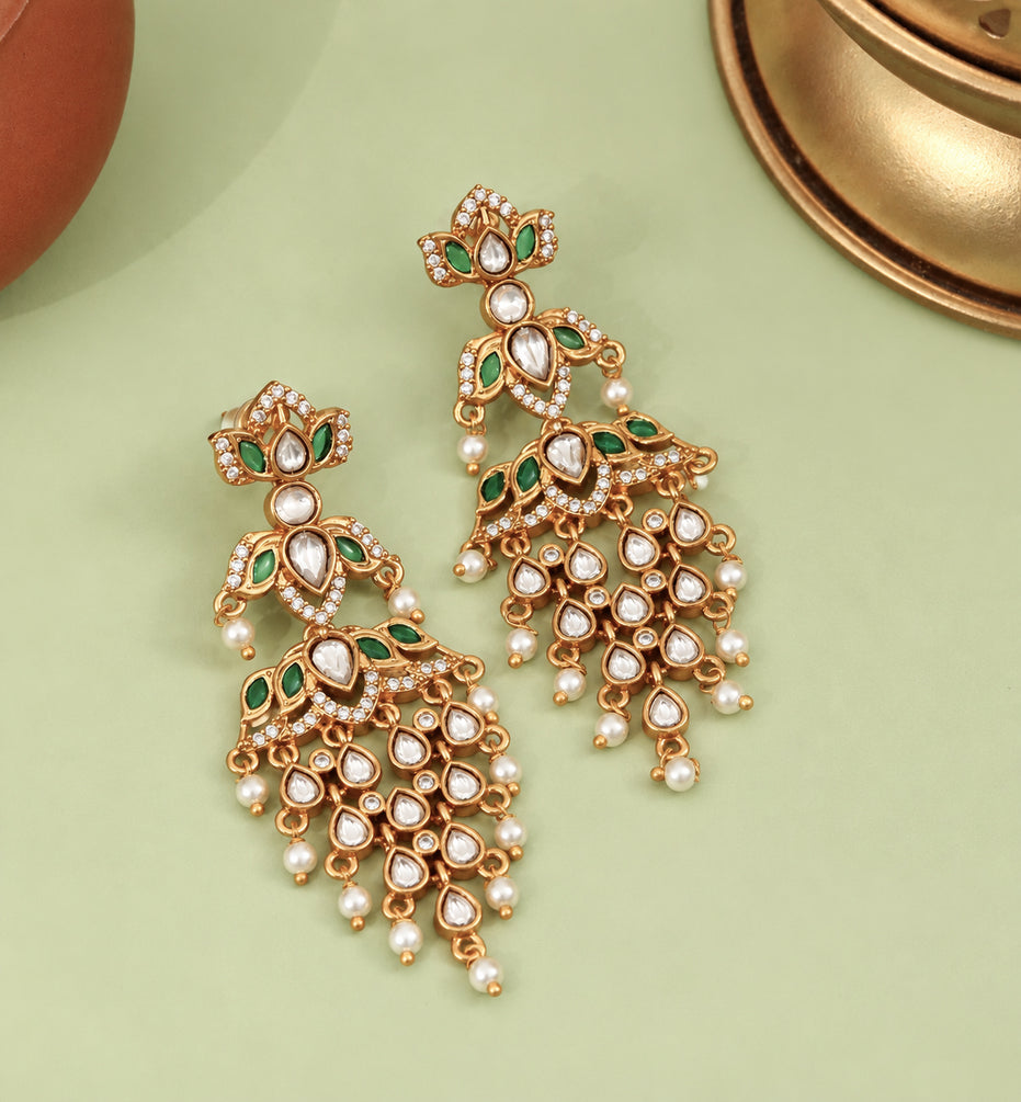 Mehendi Plated Chandbali Jhumka Earrings with Lotus Floral Pattern, Teardrop Motifs and Pearl Fringe