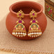 Traditional Temple Jhumka Earrings with Goddess Motif, Ornamental Arch Pattern and Pearl Bead Fringe