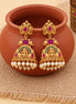 Traditional Temple Jhumka Earrings with Goddess Motif, Ornamental Arch Pattern and Pearl Bead Fringe