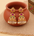 Traditional Temple Jhumka Earrings with Goddess Motif, Ornamental Arch Pattern and Pearl Bead Fringe