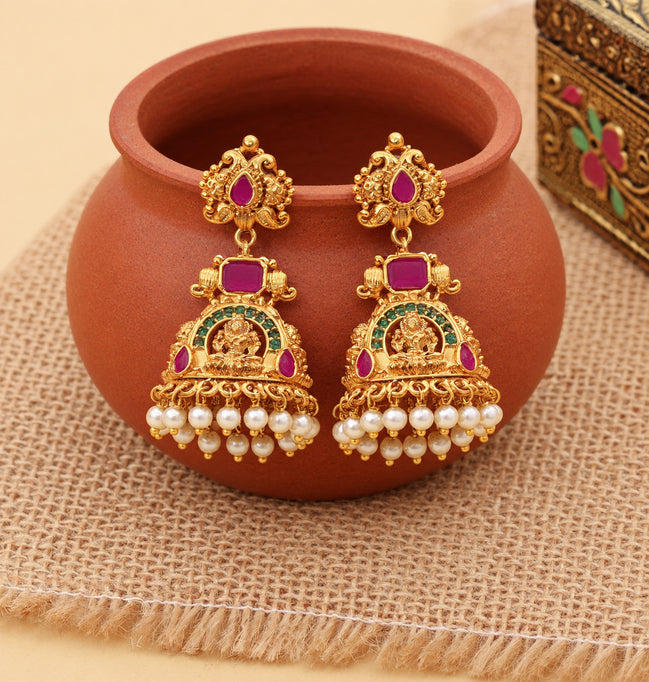 Traditional Temple Jhumka Earrings with Goddess Motif, Ornamental Arch Pattern and Pearl Bead Fringe