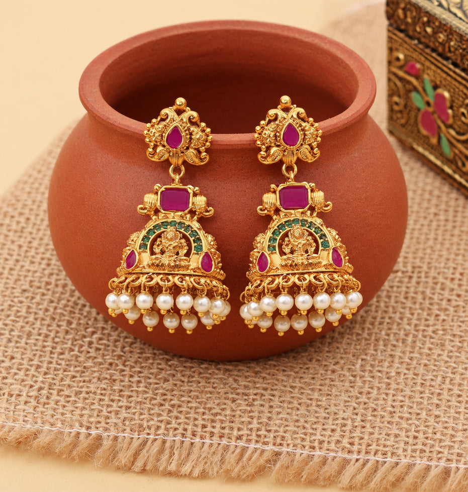 Traditional Temple Jhumka Earrings with Goddess Motif, Ornamental Arch Pattern and Pearl Bead Fringe