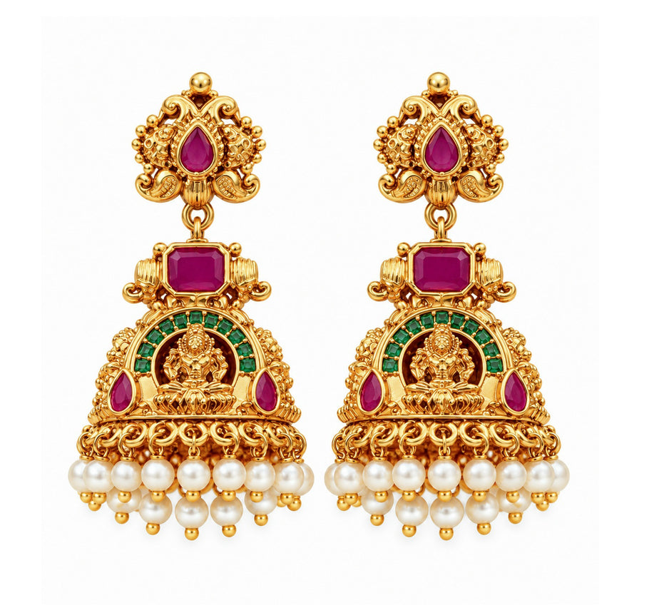 Traditional Temple Jhumka Earrings with Goddess Motif, Ornamental Arch Pattern and Pearl Bead Fringe