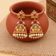 Traditional Temple Jhumka Earrings with Goddess Motif, Ornamental Arch Pattern and Pearl Bead Fringe