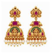 Traditional Temple Jhumka Earrings with Goddess Motif, Ornamental Arch Pattern and Pearl Bead Fringe