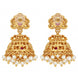 Traditional Temple Jhumka Earrings with Goddess Motif, Ornamental Arch Pattern and Pearl Bead Fringe