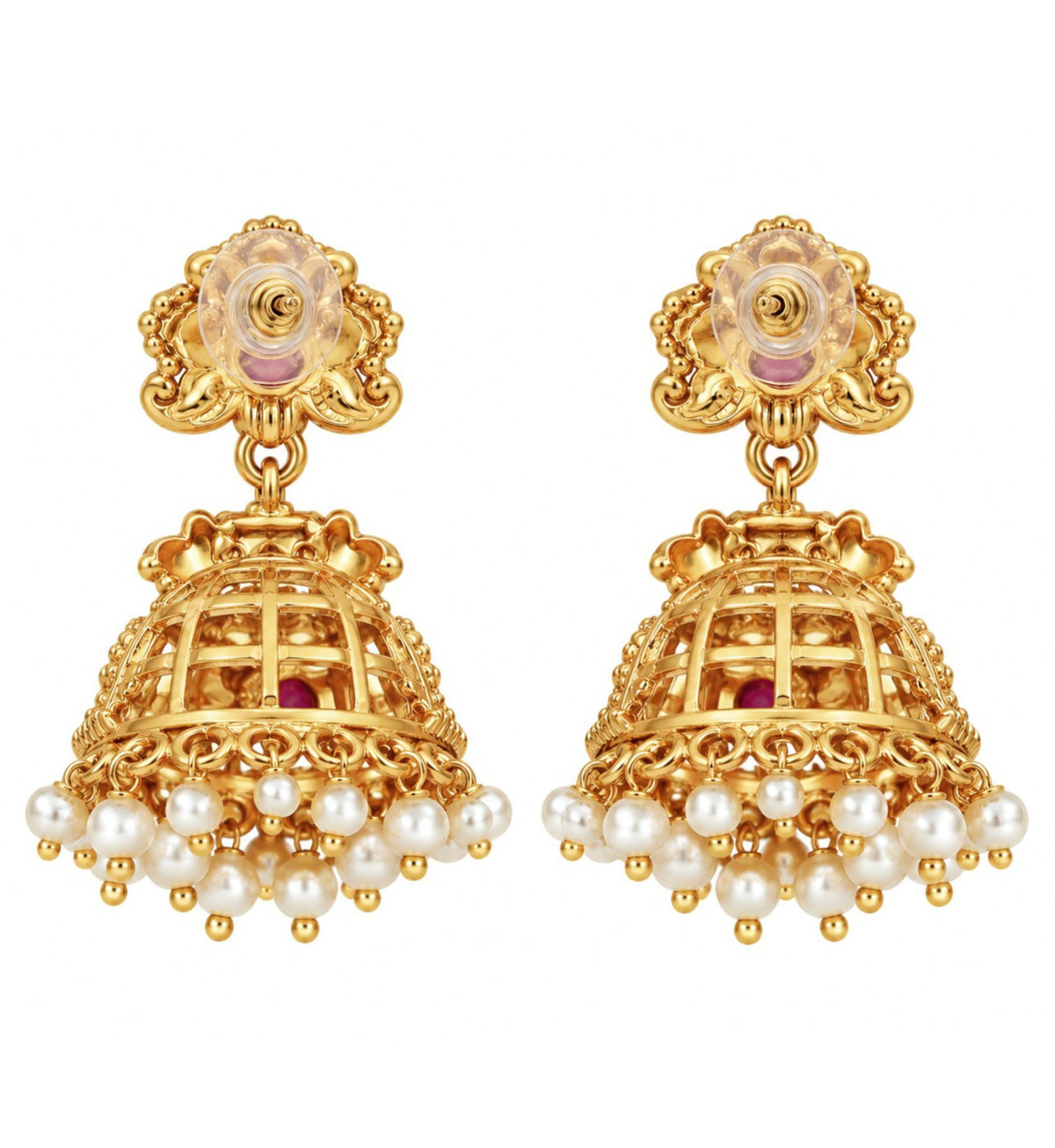 Traditional Temple Jhumka Earrings with Goddess Motif, Ornamental Arch Pattern and Pearl Bead Fringe