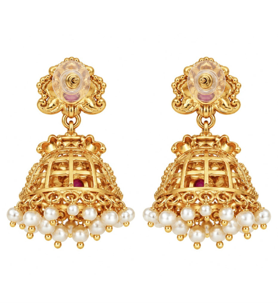 Traditional Temple Jhumka Earrings with Goddess Motif, Ornamental Arch Pattern and Pearl Bead Fringe