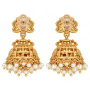 Traditional Temple Jhumka Earrings with Goddess Motif, Ornamental Arch Pattern and Pearl Bead Fringe