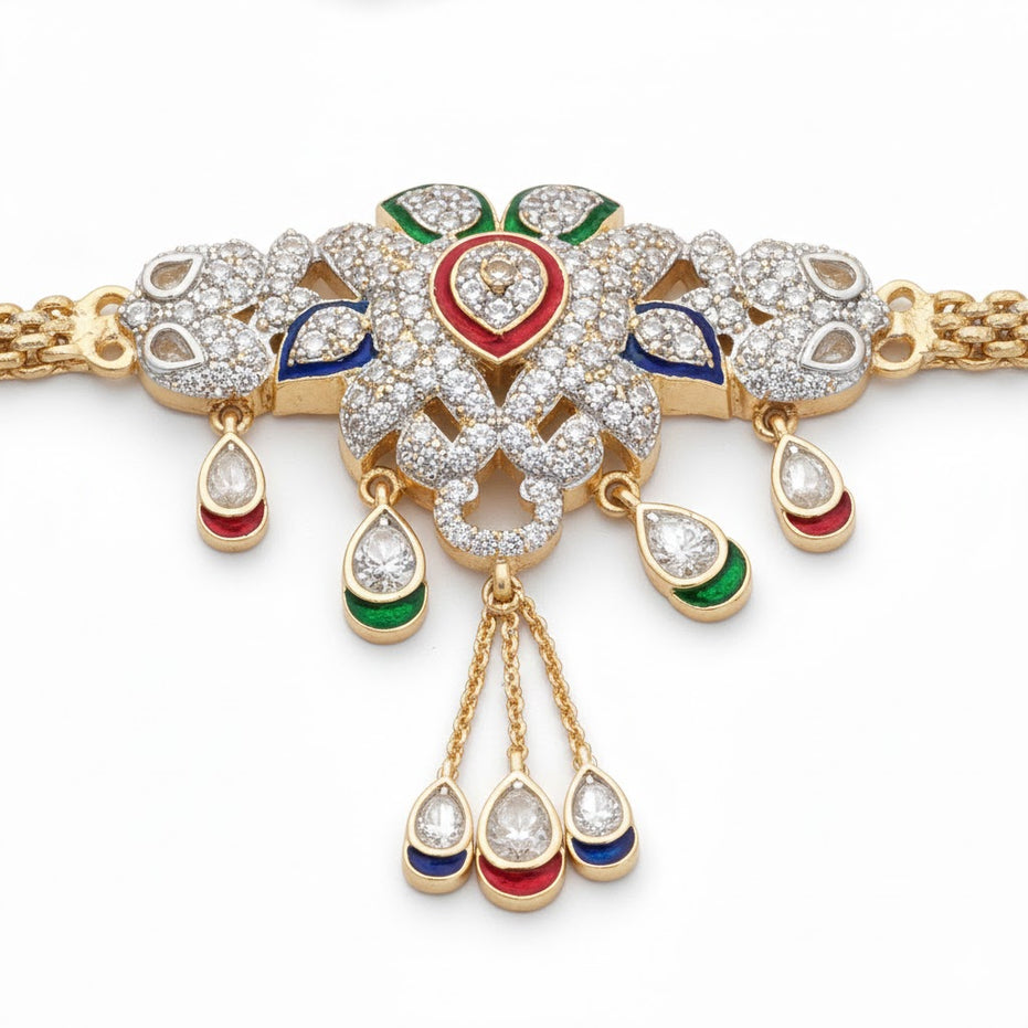Two Tone Gold & Silver Plated Kundan Stone Studded Floral Hip Belt