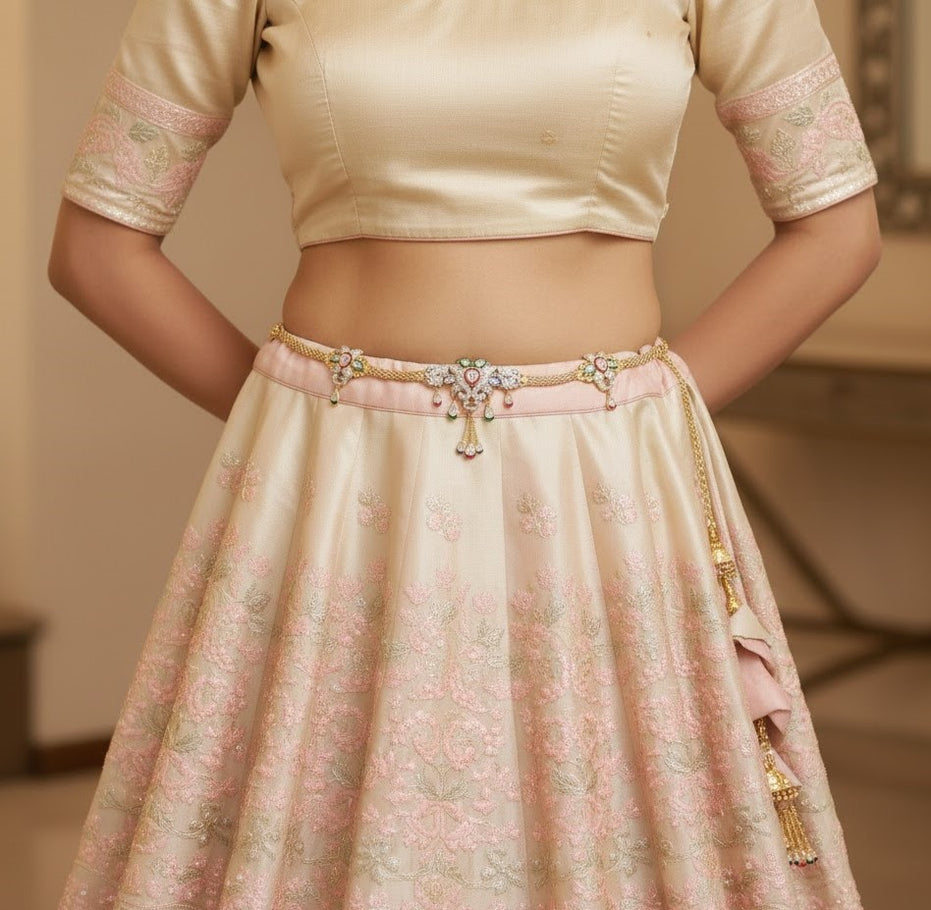 Two Tone Gold & Silver Plated Kundan Stone Studded Floral Hip Belt