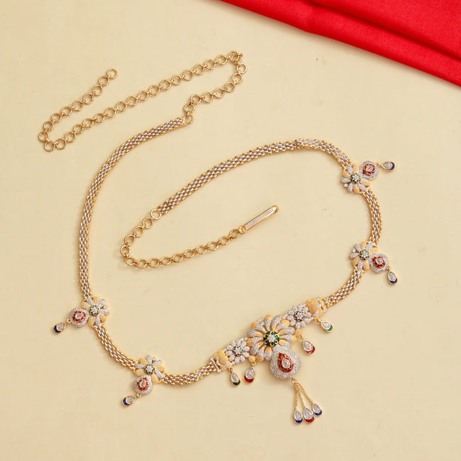 Two Tone Gold & Silver Plated Kundan Stone Floral Hip Belt