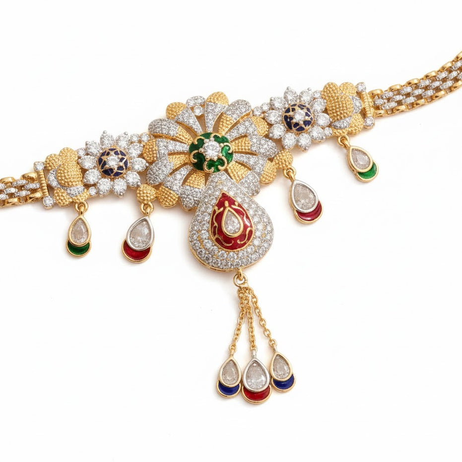 Two Tone Gold & Silver Plated Kundan Stone Floral Hip Belt