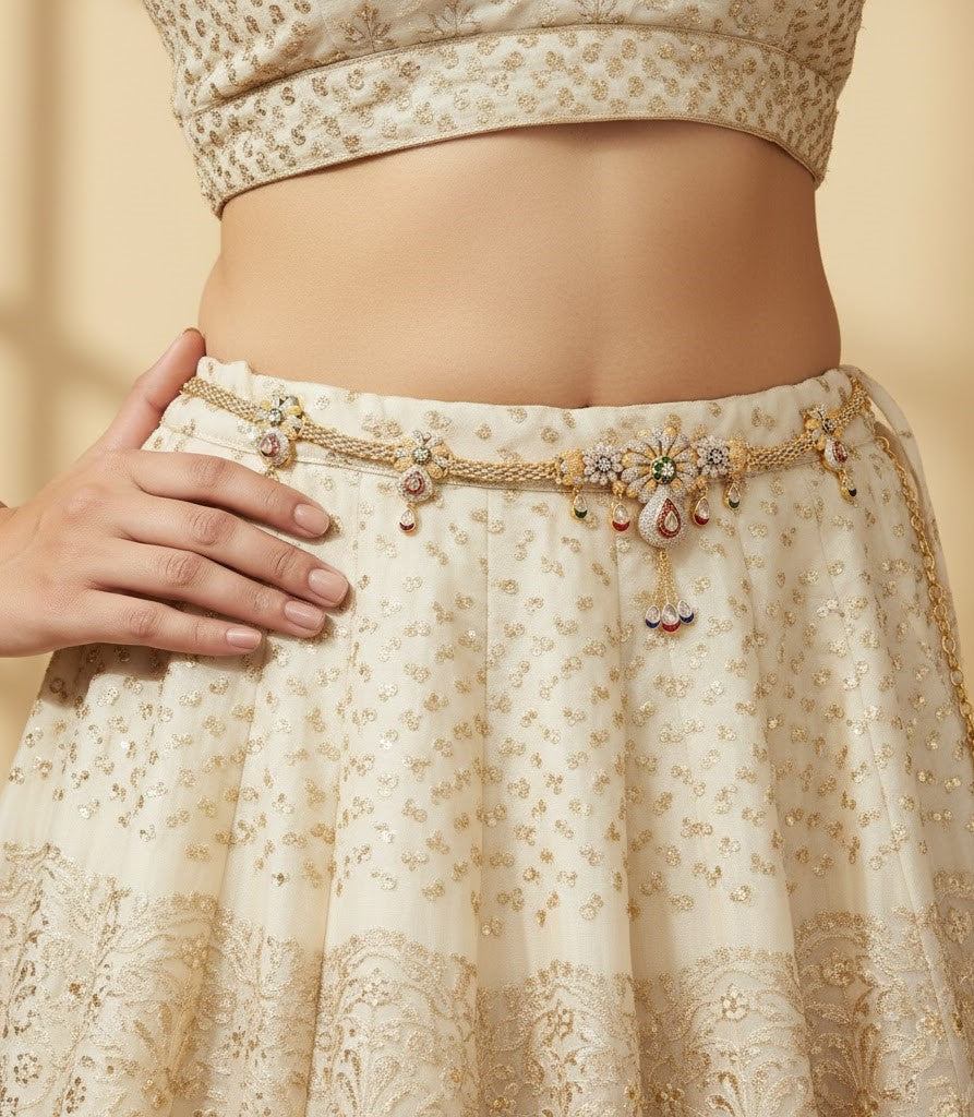 Two Tone Gold & Silver Plated Kundan Stone Floral Hip Belt