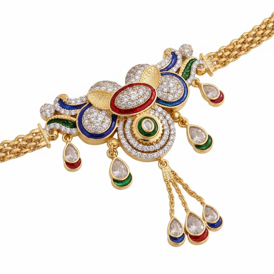 Two Tone Gold & Silver Plated Multicolor Stone Floral Hip Belt