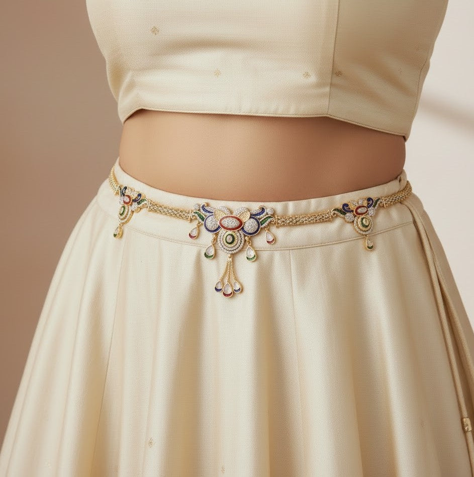 Two Tone Gold & Silver Plated Multicolor Stone Floral Hip Belt