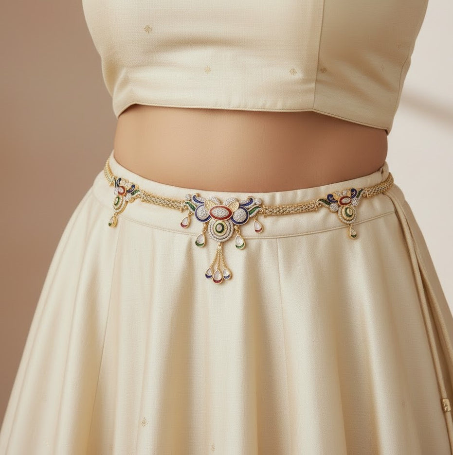 Two Tone Gold & Silver Plated Multicolor Stone Floral Hip Belt