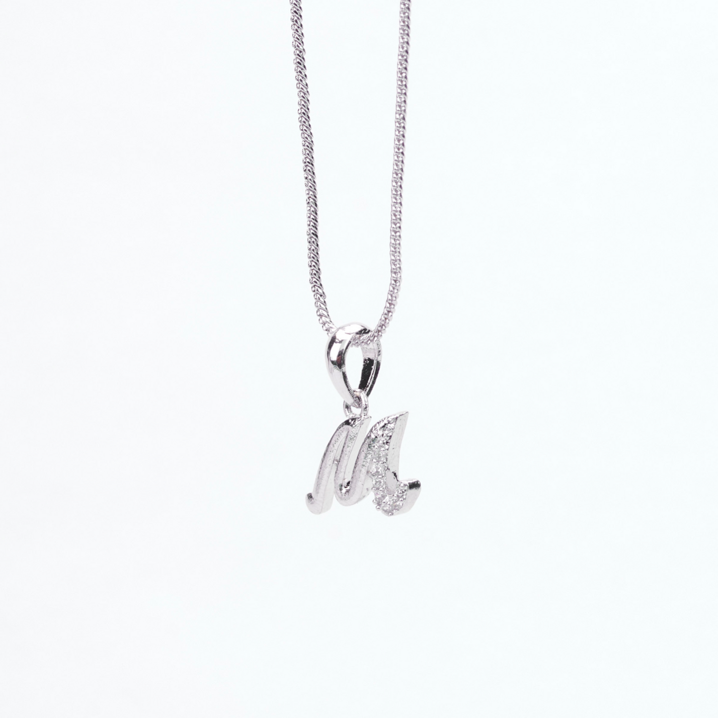 Alphabet M Rhodium Locket with Chain (18") - Opal Touch