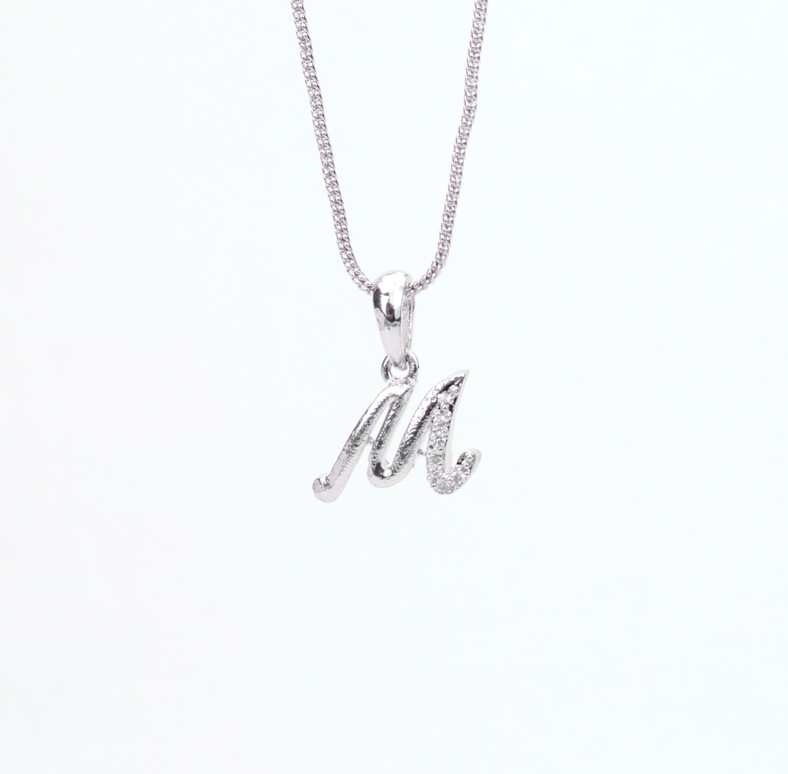 Alphabet M Rhodium Locket with Chain (18") - Opal Touch