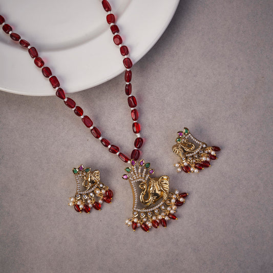 Ganpati Mehendi Plated Locket Set with Earrings