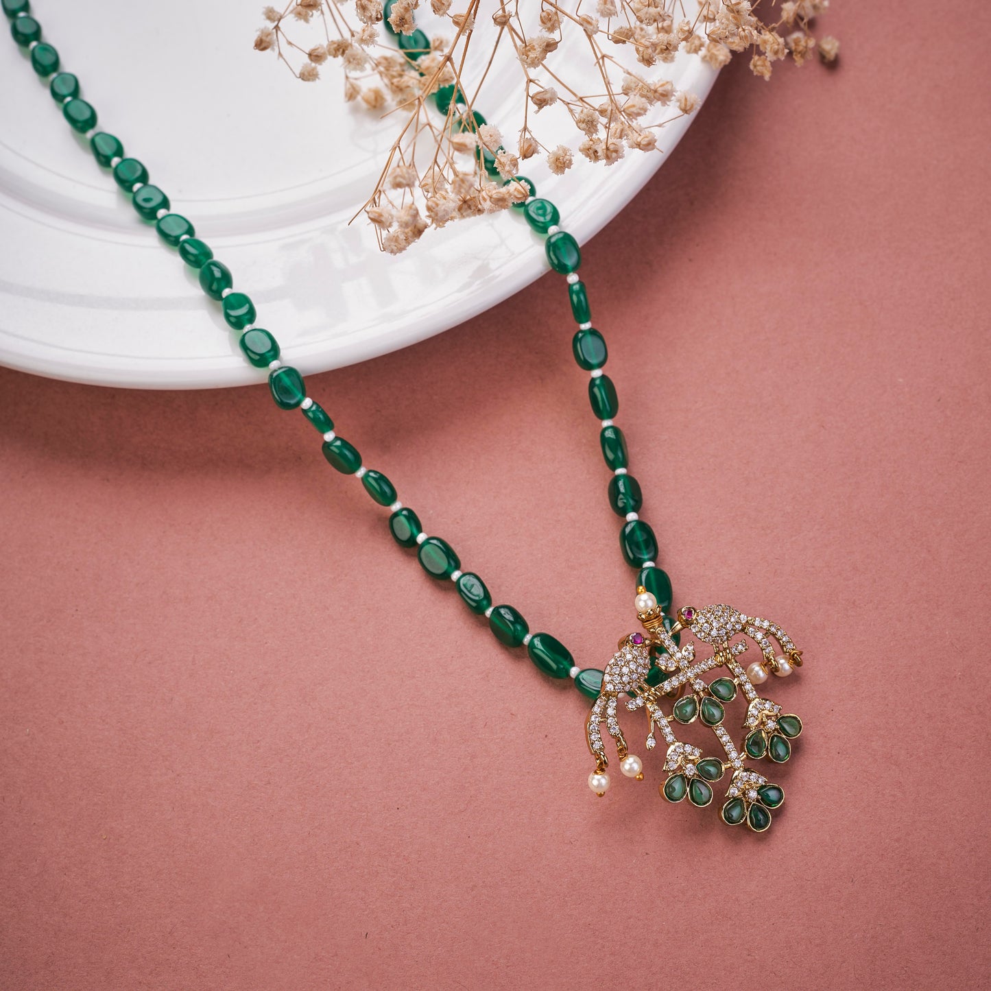 Traditional Emerald Bead Mala with Pigeon Design Mehendi Plated Locket Set