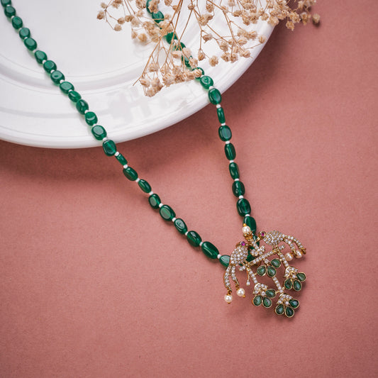 Traditional Emerald Bead Mala with Pigeon Design Mehendi Plated Locket Set