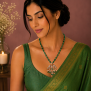 Traditional Emerald Bead Mala with Pigeon Design Mehendi Plated Locket Set