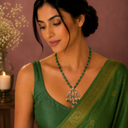 Traditional Emerald Bead Mala with Pigeon Design Mehendi Plated Locket Set