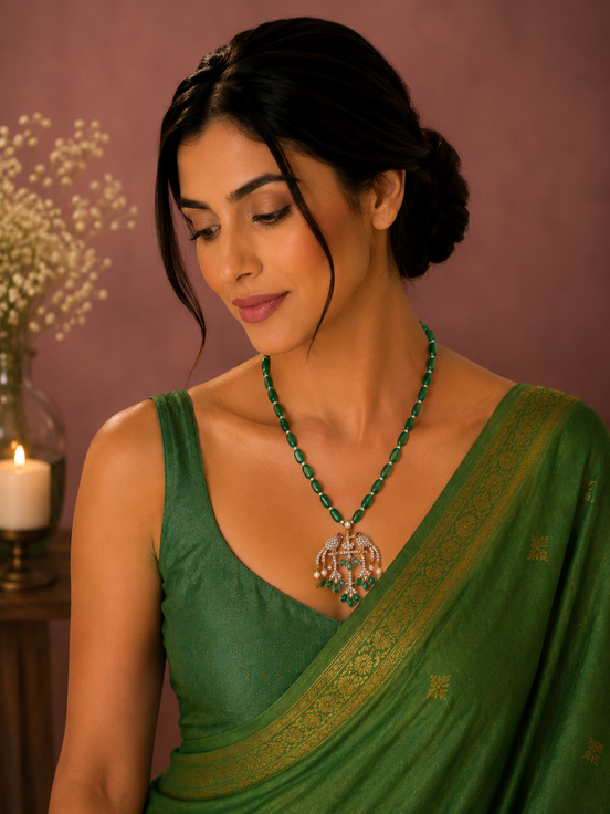 Traditional Emerald Bead Mala with Pigeon Design Mehendi Plated Locket Set