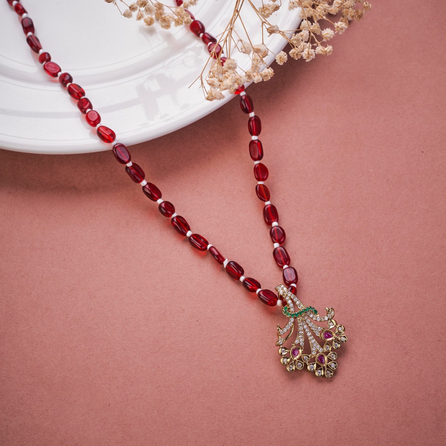 Ethnic Gemstone Mehendi Plated Locket Set with Sparkling Floral Pendant
