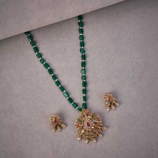 Ethnic Beaded Mehendi Plated Locket Set with Antique Pendant & Earrings
