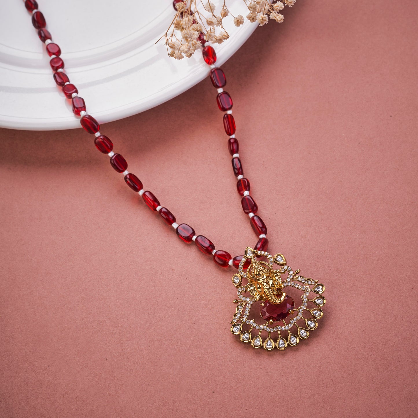 Traditional Beaded Temple Locket with Lord Ganesha Pendant