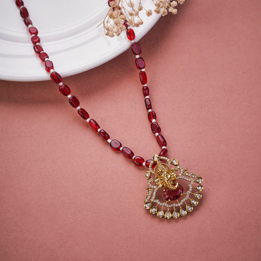 Traditional Beaded Temple Locket with Lord Ganesha Pendant