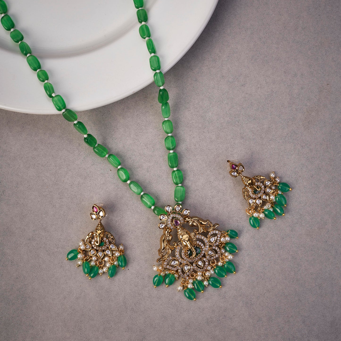 Verdant Grace Ganpati Temple Mehendi Plated Locket Set with Earrings