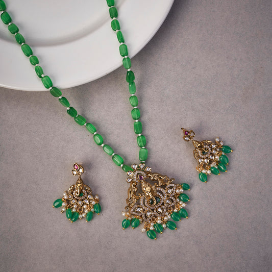 Verdant Grace Ganpati Temple Mehendi Plated Locket Set with Earrings