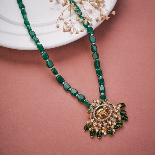 Handcrafted Beaded Mehendi Plated Kundan Locket Set with Royal Elephant Pendant