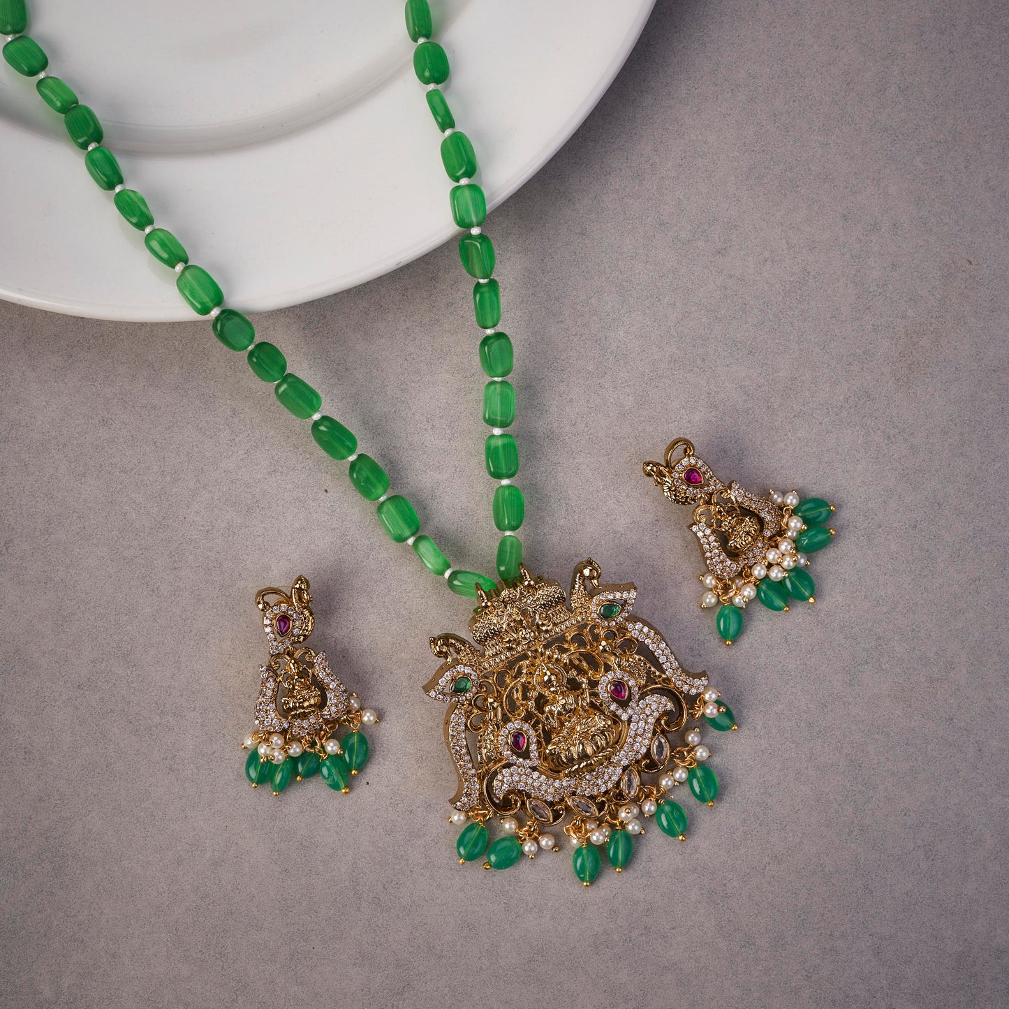 Lakshmi Royal Mehendi Plated Locket Set with Earrings