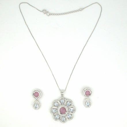 Rhodium Plated Floral Pink Stone Locket Set