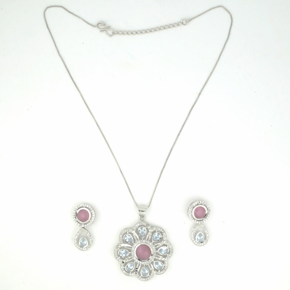 Rhodium Plated Floral Pink Stone Locket Set