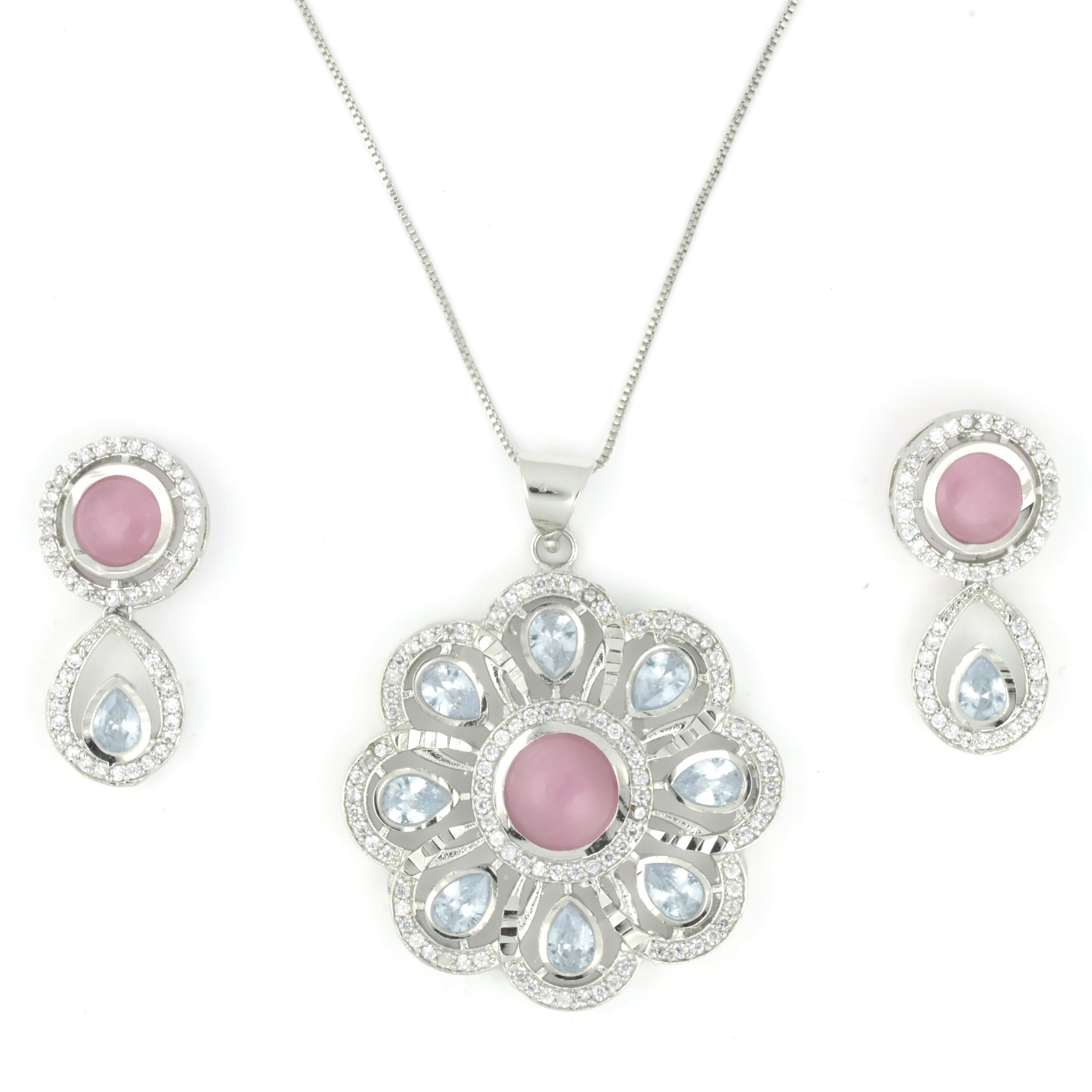 Rhodium Plated Floral Pink Stone Locket Set