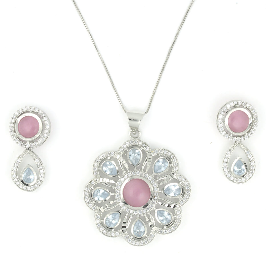 Rhodium Plated Floral Pink Stone Locket Set