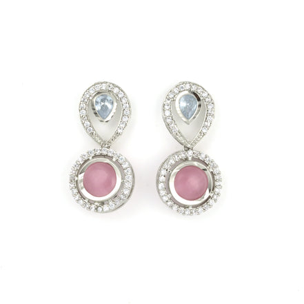 Rhodium Plated Floral Pink Stone Locket Set